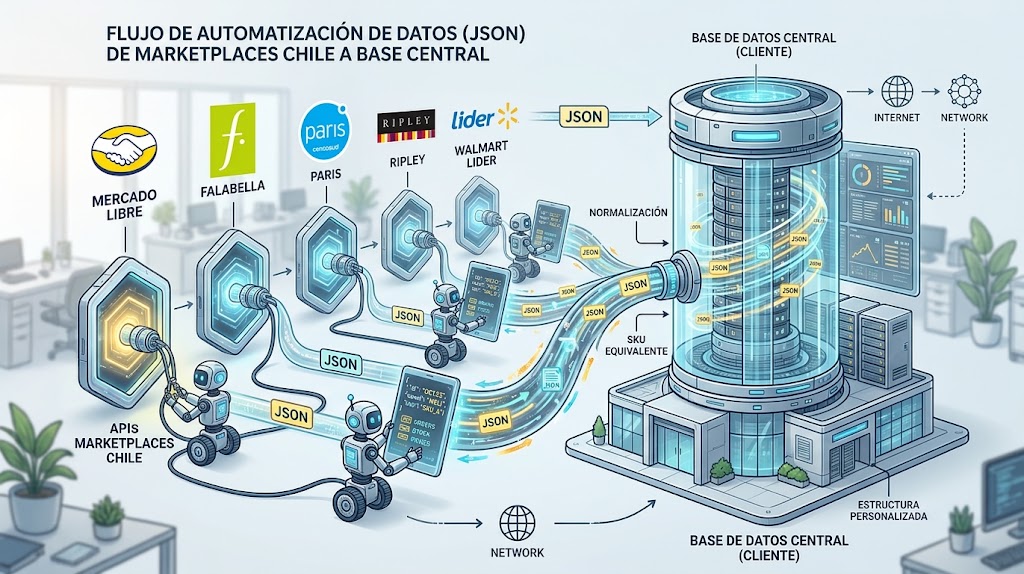 flujo de integración API de marketplaces chilenos extrayendo JSON hacia base de datos central